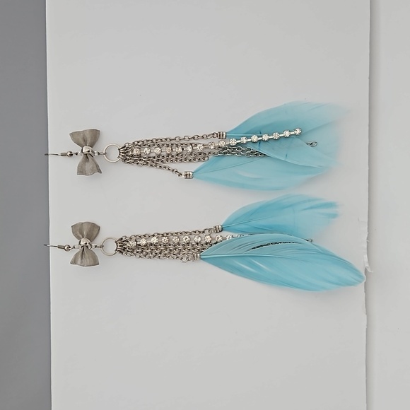 Feather, Rhinestone, Chain & Silvertone Metal Bow Pierced Earrings - Picture 1 of 9